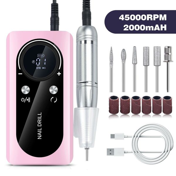 45000RPM Electric Nail Drill Machine with Rechargeable Nail Sander for Gel Nails - Portable and Colorful Pink for Home Manicure and Salon Use