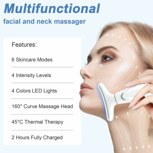 Face Neck Facial and Neck Red Light Massager with 4 Color LED, Vibration, and Thermal Functions for Skin Care