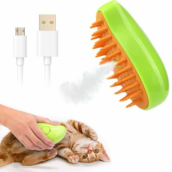 3-in-1 Spray Cat Grooming Brush with Steam, Massage, and Self-Cleaning Features Remove Tangled & Loose Hair-Green