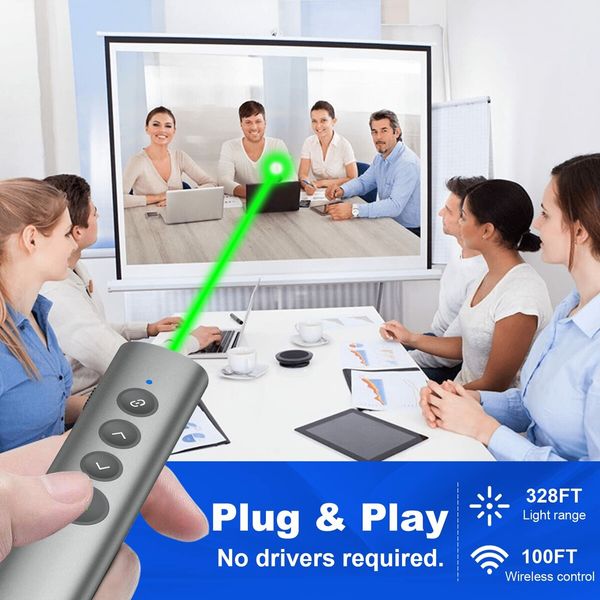 Rechargeable Green Laser Pointer Presenter - Wireless Remote for PowerPoint, Mac, Computers, and Google Slides