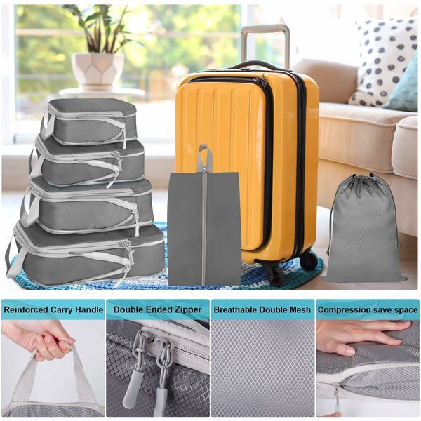 6-Piece Compression Packing Cube Set with Expandable Travel Organizers and Shoe Bag (Gray)