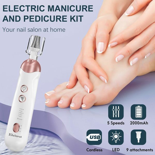 8-in-1 Cordless Electric Nail File and Pedicure Set: 5 Speeds Manicure and Toe Nail Grinder Kit for Thick Nails