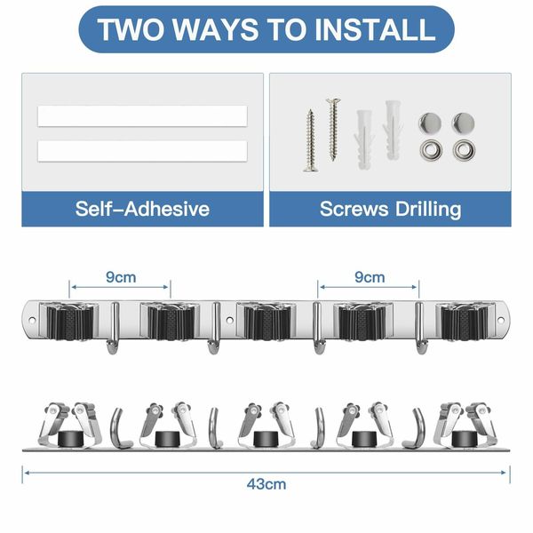 Wall Mount Mop Broom Organizer Tool Hanger with Stainless Steel 5 Racks 4 Hooks for Home Kitchen