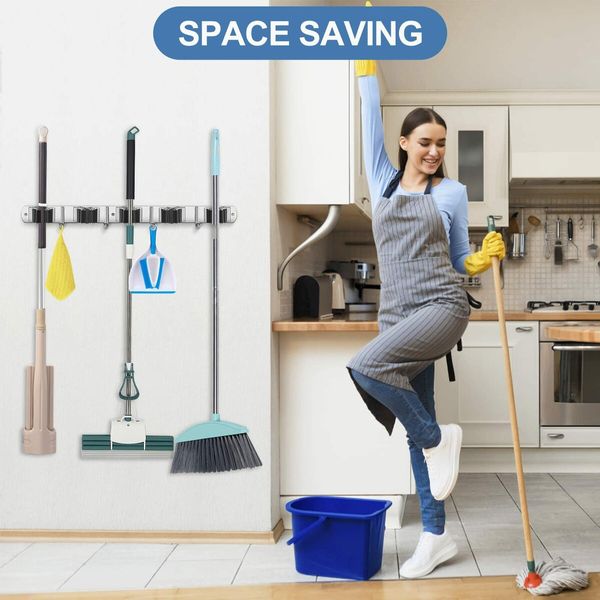 Wall Mount Mop Broom Organizer Tool Hanger with Stainless Steel 5 Racks 4 Hooks for Home Kitchen