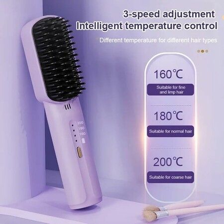 2-in-1 Cordless Hair Straightening Comb with 3200mAh Negative Ions and 3-Speed Temperature Control for Effortless Straightening(Purple)