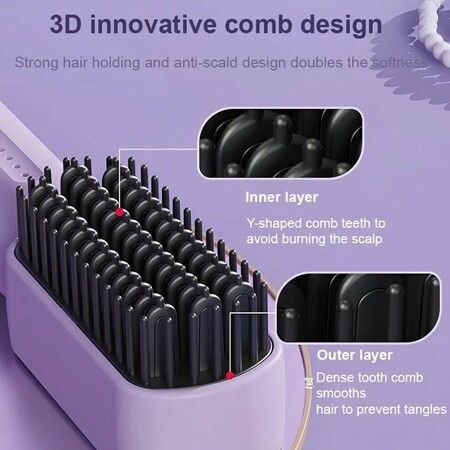 2-in-1 Cordless Hair Straightening Comb with 3200mAh Negative Ions and 3-Speed Temperature Control for Effortless Straightening(Purple)