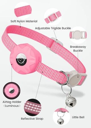 anti-lost Pink Reflective GPS Cat Collar with AirTag Holder, Bell, and Lightweight Design (AirTag Not Included)