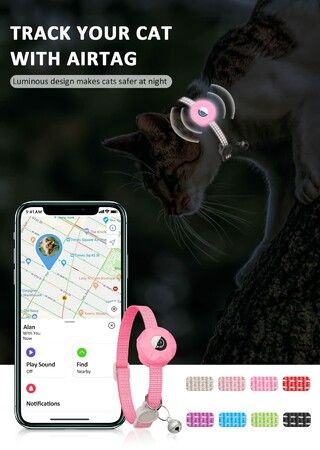 anti-lost Pink Reflective GPS Cat Collar with AirTag Holder, Bell, and Lightweight Design (AirTag Not Included)