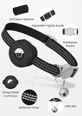 Reflective GPS Cat Collar with AirTag Holder and Bell,Lightweight Tracker Collar for Cats and Dogs (AirTag Not Included)