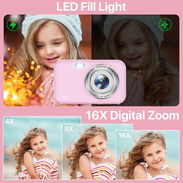 Capture Memories with the 1080P Kids Digital Camera - 32GB Card,Anti-Shake,44MP Point & Shoot,16X Zoom,Compact Design for Kids,Teens,tudents (Pink)