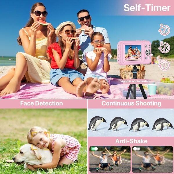 Capture Memories with the 1080P Kids Digital Camera - 32GB Card,Anti-Shake,44MP Point & Shoot,16X Zoom,Compact Design for Kids,Teens,tudents (Pink)