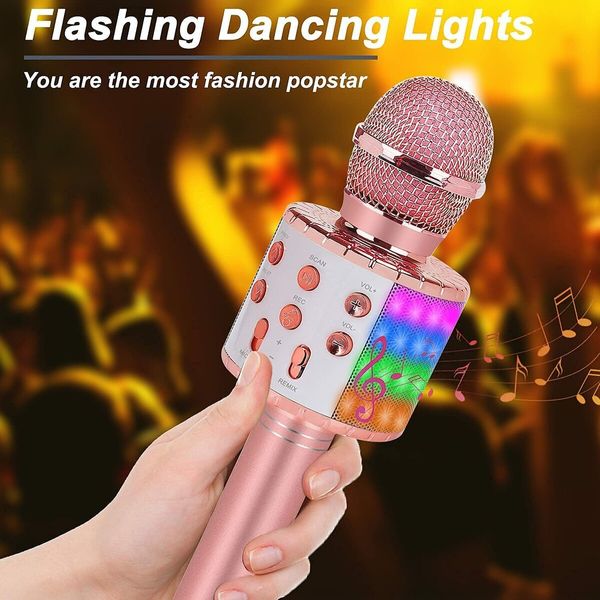 Portable Wireless Bluetooth Karaoke Microphone/Singing Karaoke Mic with Dazzling LED Lights,perfect gift for birthday(Rose Gold)