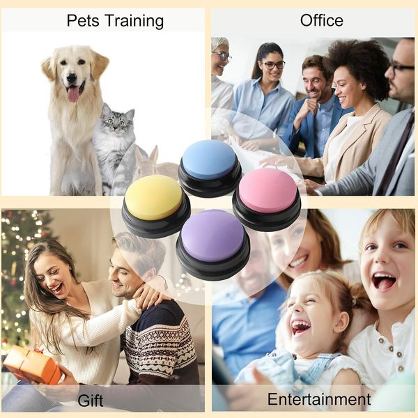 Easy to use Voice Recording Dog Training Buttons - 4 Pack (Blue, Pink, Yellow, Purple) for Communication and Pet Training