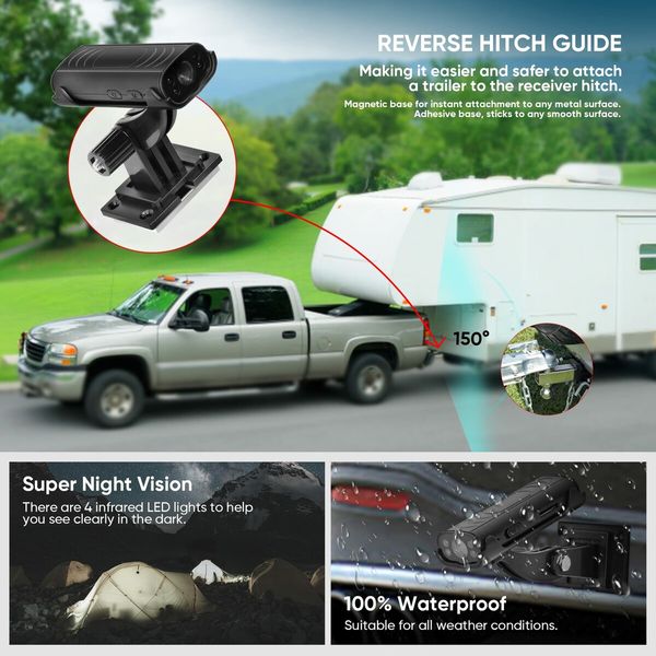 2K Waterproof Rear View Camera/Reverse Hitch Guide with Clear Night Vision,Built-in Battery,easy installation mounts,hitch up RV/trucks/trailers/campers easily & safely