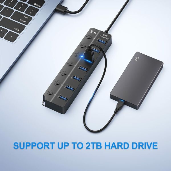 Expand Your Connectivity - 7-Port USB Hub with Individual Controls and Long Cable