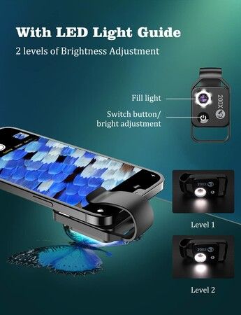 200X Phone Microscope with CPL Lens and LED Light: Portable and Easy-to-Use Microscope for Exploring the Microscopic World on Your Smartphone(Black)