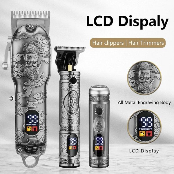 Men's Hair Clippers with T-Blade Trimmer, Nose Hair Trimmer, Cordless Design, Beard Cutting Capability, and Easy-to-Read LCD Display (Silver)