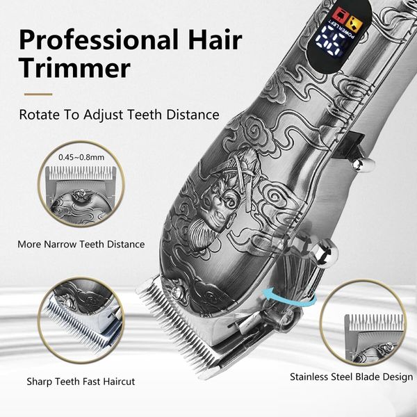 Men's Hair Clippers with T-Blade Trimmer, Nose Hair Trimmer, Cordless Design, Beard Cutting Capability, and Easy-to-Read LCD Display (Silver)