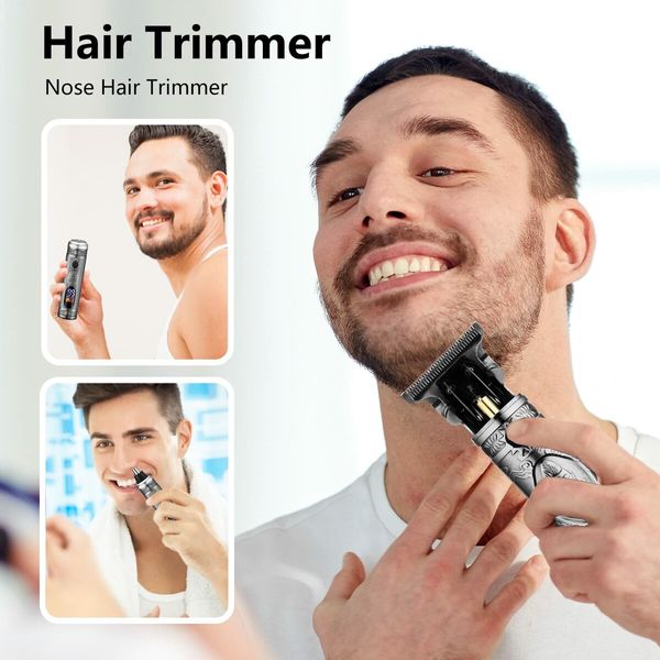 Men's Hair Clippers with T-Blade Trimmer, Nose Hair Trimmer, Cordless Design, Beard Cutting Capability, and Easy-to-Read LCD Display (Silver)