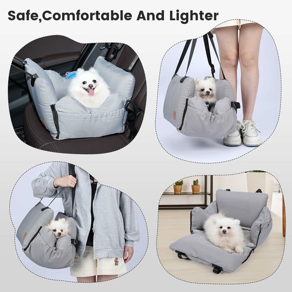 Dog Car Seat for Small Dogs: Booster Seat with Storage Pockets, Leash, and Washable Bed (Grey)