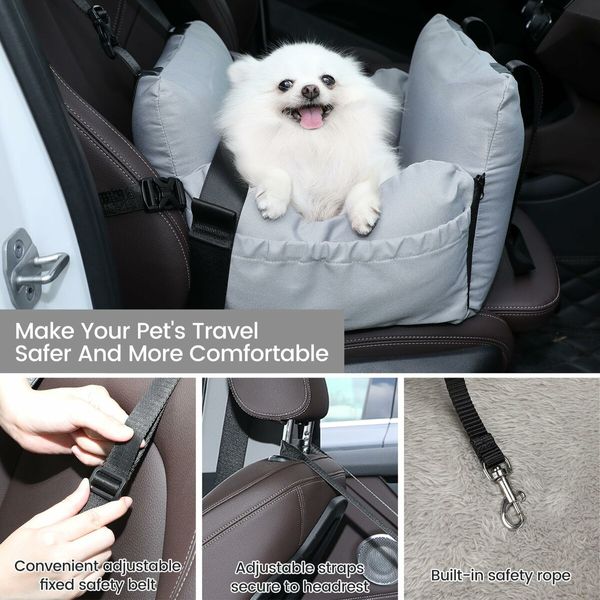 Dog Car Seat for Small Dogs: Booster Seat with Storage Pockets, Leash, and Washable Bed (Grey)