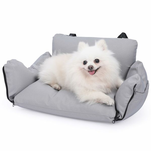 Dog Car Seat for Small Dogs: Booster Seat with Storage Pockets, Leash, and Washable Bed (Grey)