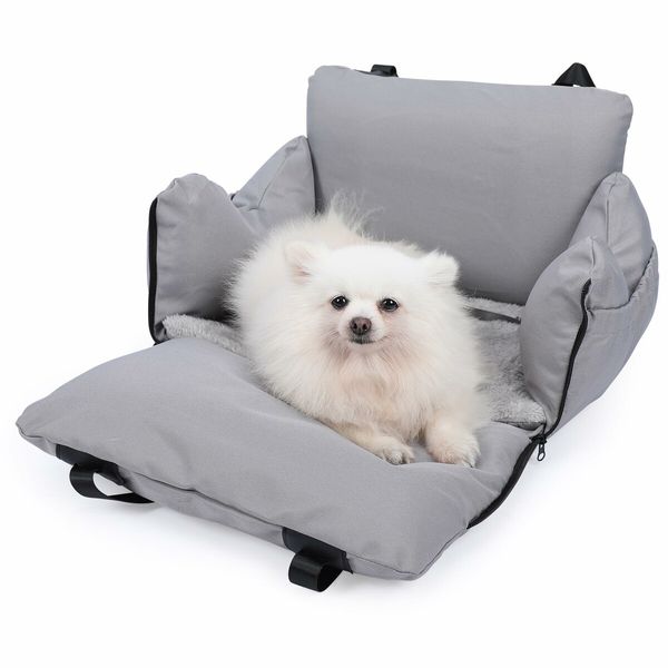 Dog Car Seat for Small Dogs: Booster Seat with Storage Pockets, Leash, and Washable Bed (Grey)