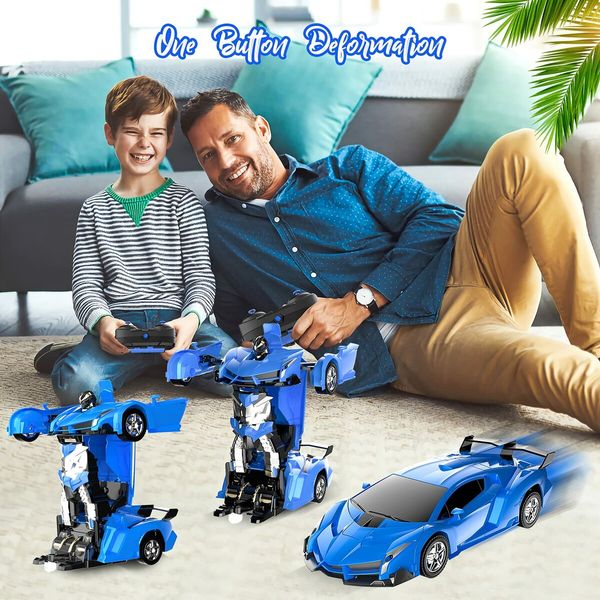 2-in-1 RC Car and Transforming Robot: 2.4Ghz Racing Car with 360° Drifting for Kids (Blue)