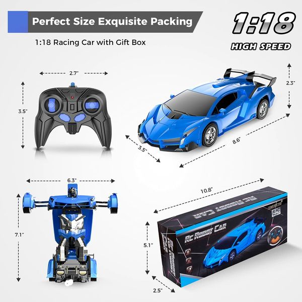 2-in-1 RC Car and Transforming Robot: 2.4Ghz Racing Car with 360° Drifting for Kids (Blue)