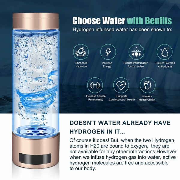 Rechargeable Hydrogen Water Bottle/Ionizer Generator Machine with PEM SPE Technology,LED Display for Pure 2000ppb Hydrogen Water