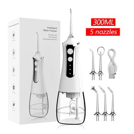 Oral Hygiene Portable Mouth Irrigator with 300ML Capacity and 5 Specialized Nozzles for a Deep Clean(White)