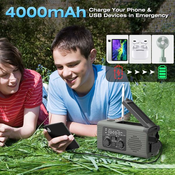 4000mAh Emergency Radio with Solar/Hand Crank power sources,AM/FM/NOAA Weather,Bright LED Flashlight,Reading Lamp,Loud SOS Alarm,Headphone Jack