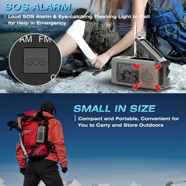 4000mAh Emergency Radio with Solar/Hand Crank power sources,AM/FM/NOAA Weather,Bright LED Flashlight,Reading Lamp,Loud SOS Alarm,Headphone Jack