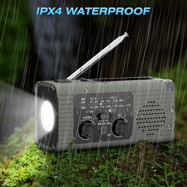 4000mAh Emergency Radio with Solar/Hand Crank power sources,AM/FM/NOAA Weather,Bright LED Flashlight,Reading Lamp,Loud SOS Alarm,Headphone Jack