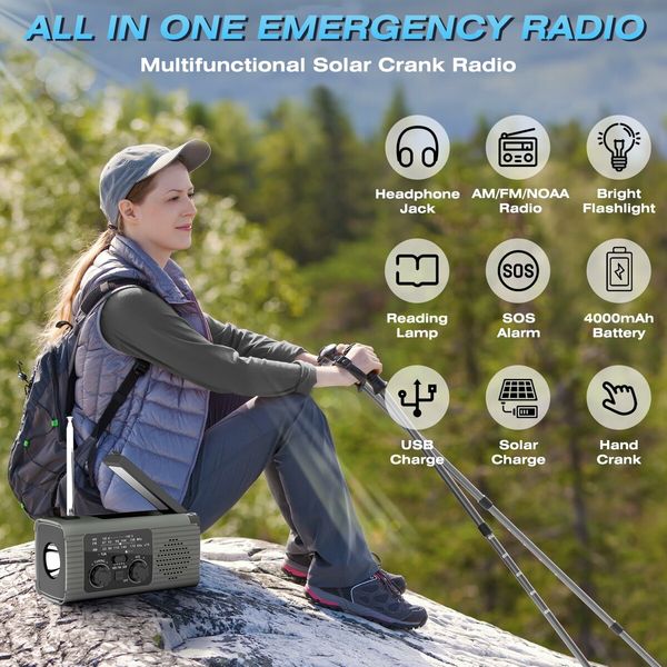 4000mAh Emergency Radio with Solar/Hand Crank power sources,AM/FM/NOAA Weather,Bright LED Flashlight,Reading Lamp,Loud SOS Alarm,Headphone Jack