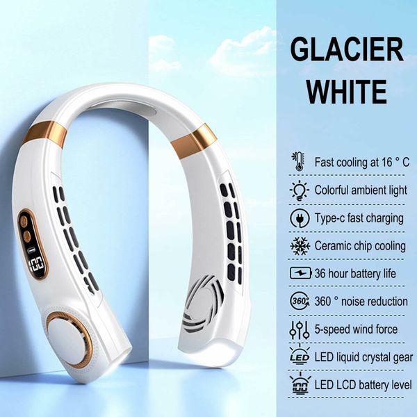 Bladeless Fan Portable Neck Hanging 4000mAh Rechargeable 5 Speeds Adjustable with Digital Display & LED Light Type C Fast Charge White