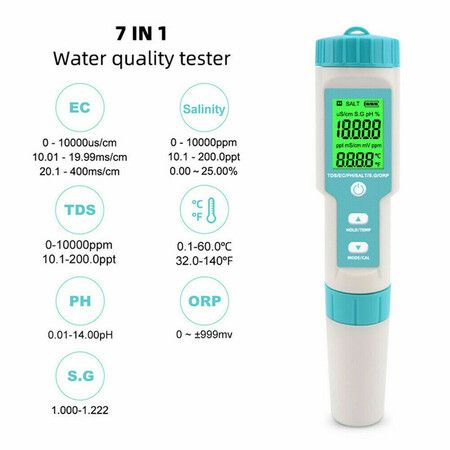 7-in-1 Digital Water Quality Tester Pen for pH, TDS, Temperature, EC, Salinity, ORP, SG