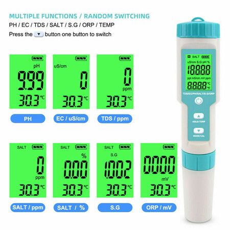 7-in-1 Digital Water Quality Tester Pen for pH, TDS, Temperature, EC, Salinity, ORP, SG