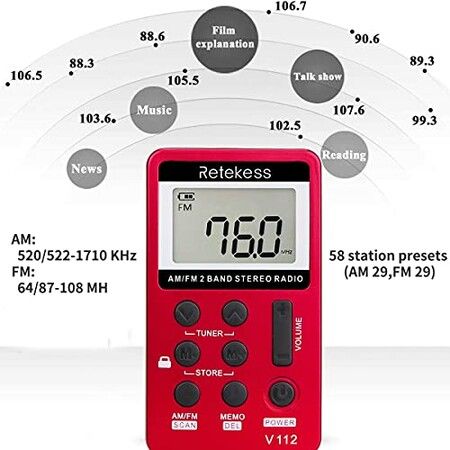 Rechargeable Pocket Radio - Digital AM/FM Tuning with Stereo Sound and Earphone (Red)