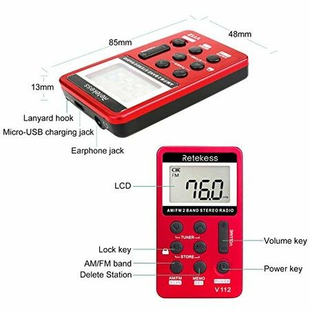 Rechargeable Pocket Radio - Digital AM/FM Tuning with Stereo Sound and Earphone (Red)