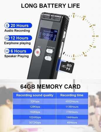 64GB Digital Voice Tape Recorder for Lectures & Meetings with Playback, 3072kbps Dictaphone, Password Protection & TF Card Expansion