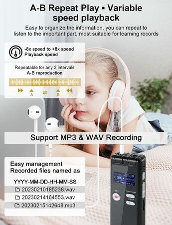 64GB Digital Voice Tape Recorder for Lectures & Meetings with Playback, 3072kbps Dictaphone, Password Protection & TF Card Expansion