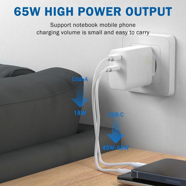 AU Plug 65W GaN Charger,USB C Rapid Charging,60W/45W/30W/25W/20W 2-Port Wall PD Charger,Compatible with MacBook Pro/Air,Galaxy S22/S21,Dell XPS 13,Note 20/10+,iPhone 13/12,iPad,Pixel(White)