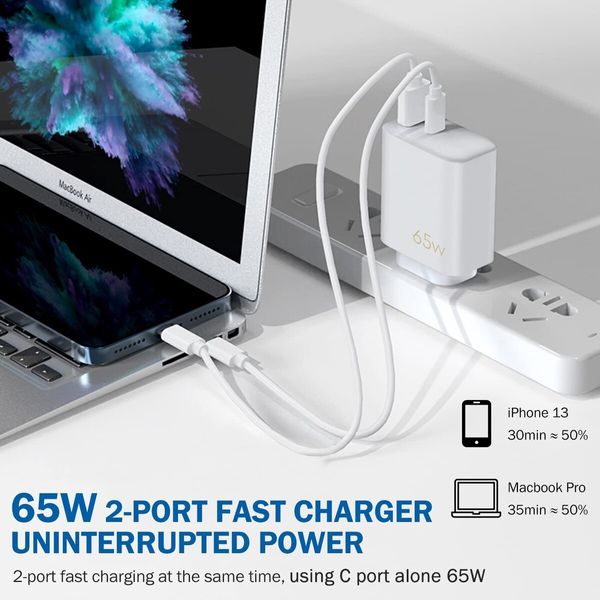 AU Plug 65W GaN Charger,USB C Rapid Charging,60W/45W/30W/25W/20W 2-Port Wall PD Charger,Compatible with MacBook Pro/Air,Galaxy S22/S21,Dell XPS 13,Note 20/10+,iPhone 13/12,iPad,Pixel(White)