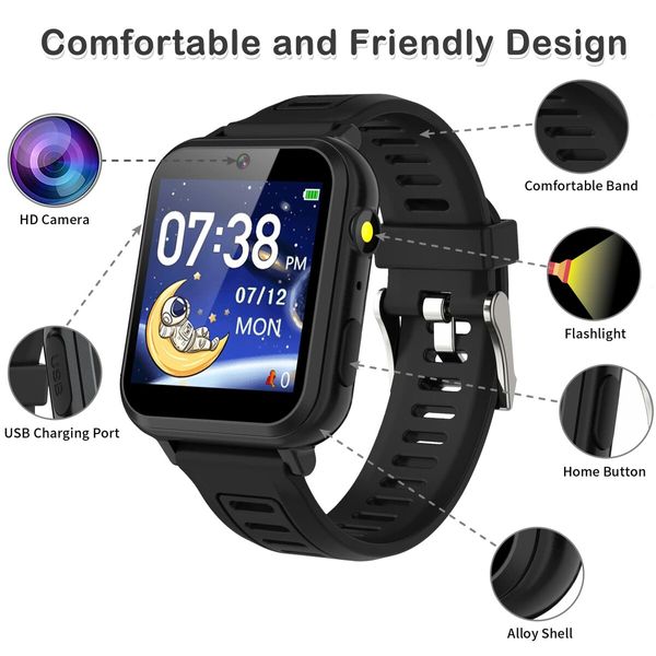 Smart Kids Watch with 24 Games,Camera,Video Recorder,Music Alarm,Calculator,Calendar,Flashlight,Stopwatch Pedometer,Perfect Gift for Boys and Girls Aged 3+ (Black)