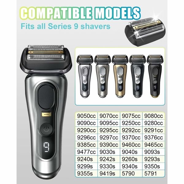 Replacement Shaver Head 92B for Braun 9 Series Foil Shavers (9477cc, 9330s, 9465cc, 9460cc, 9419s, 9390cc, 9385cc) in Black