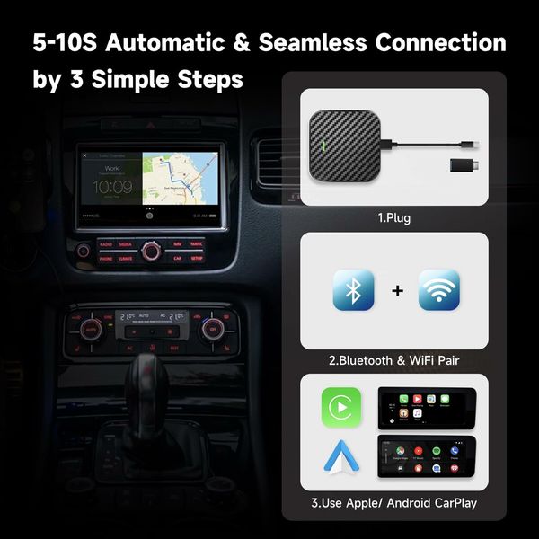 2-In-1 CarPlay Wireless Adapter & Android Auto Wireless Adapter with plug-and-play easy setup,Dongle Supports both USB-A & USB-C connections for various vehicles