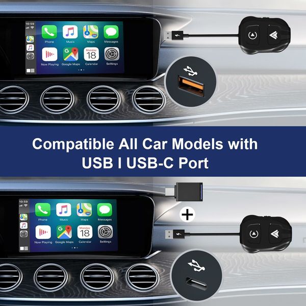 2-in-1 Wireless CarPlay & Android Auto Adapter Seamlessly connect your iPhone or Android smartphone wirelessly to your car's display, Supports the iOS 12+ and Android 11+ operating systems