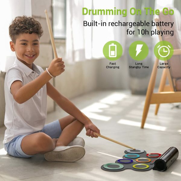 Roll-Up Drum Practice Pad and MIDI Drum Kit with Built-in Speaker, Pedals, and Sticks: Perfect for Kids