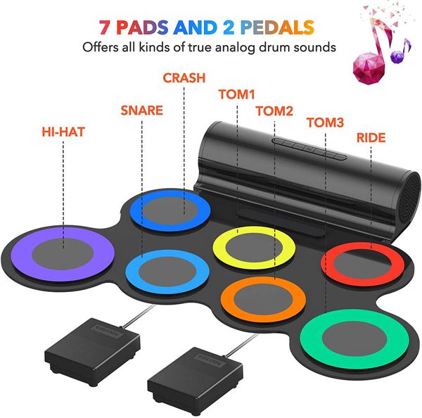 Roll-Up Drum Practice Pad and MIDI Drum Kit with Built-in Speaker, Pedals, and Sticks: Perfect for Kids